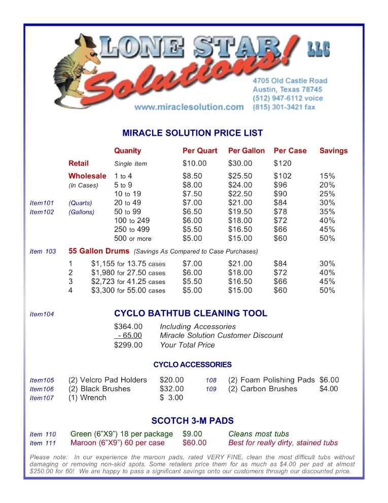 Lone Star Solutions LLC Price List